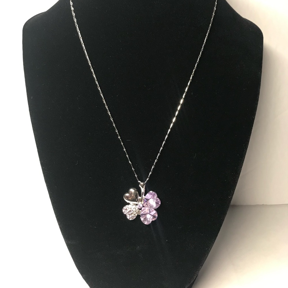 Light Purple 4 Leaf Clover Shamrock Heart Necklace